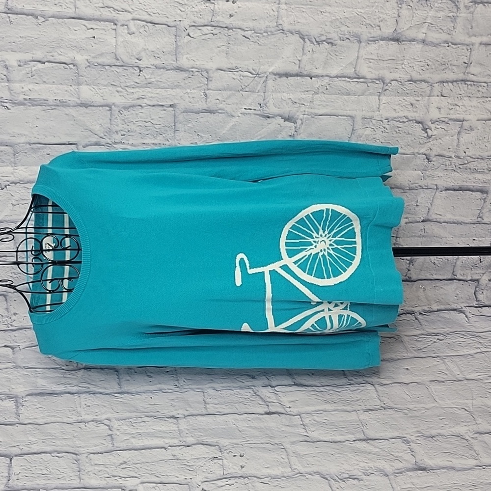 Crown & Ivy Bicycle Sweater Large Turquoise Blue 100% Cotton Novelty‎ Knit